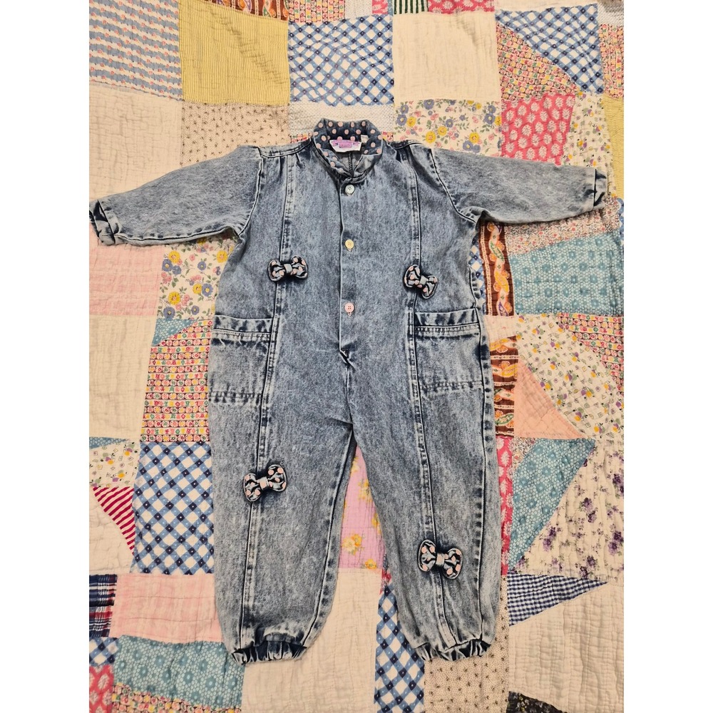 80's Vintage Rachels Kids Acid Wash Denim Jumpsuit 4T Polka Dot Bows Retro